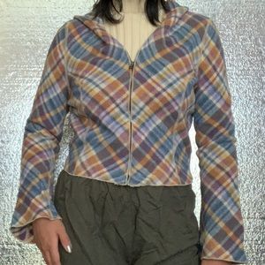 Vtg 90s fleece retro plaid zip up jacket with hood